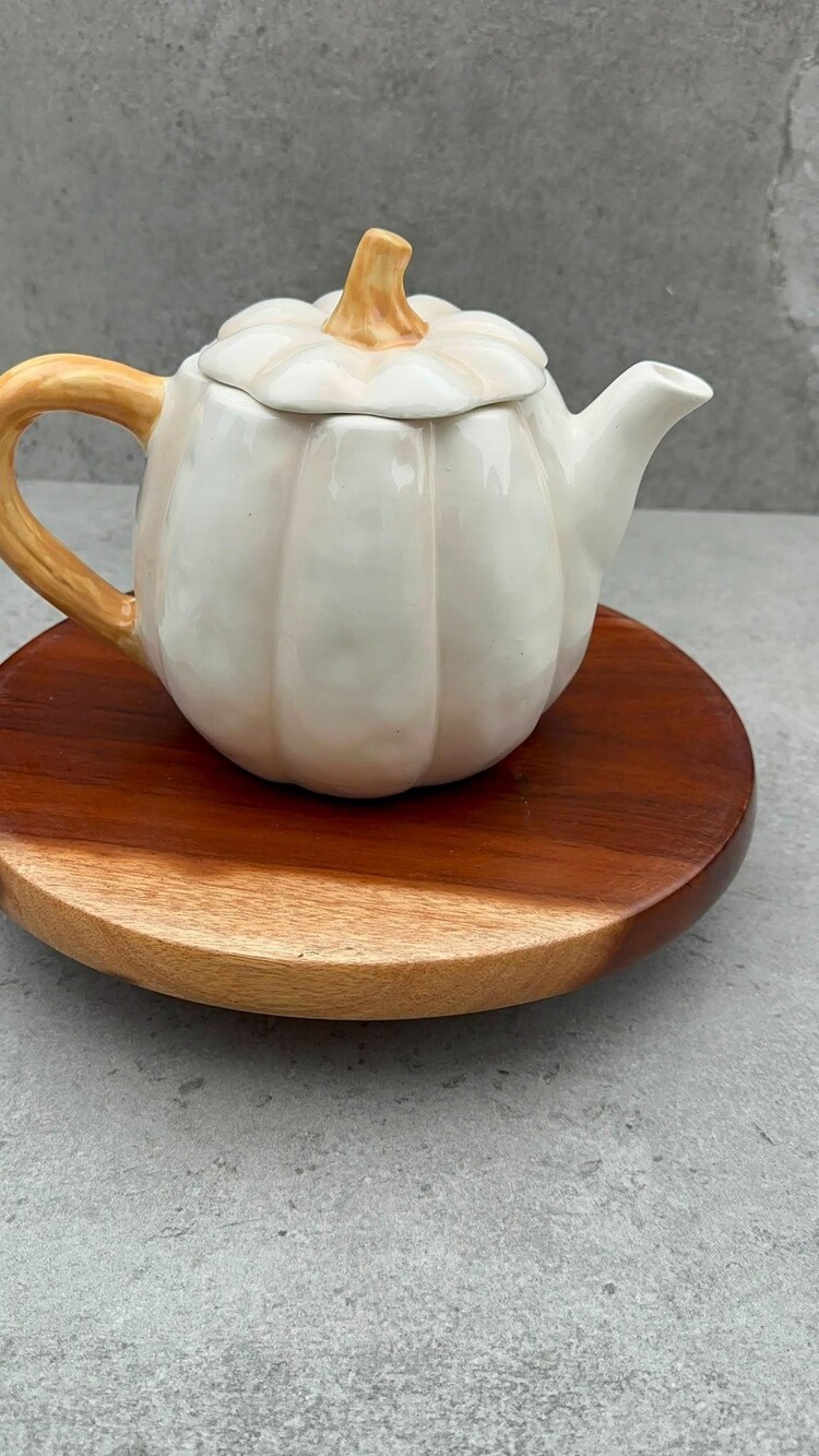 White Glazed Ceramic Pumpkin Teapot with Warm Amber-Glazed Stem & Handle - Thank